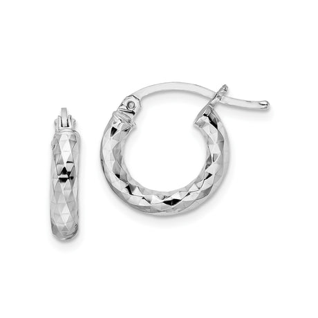 Sterling Silver Hoop Earrings, Diamond Cut Textured Design, Faceted Hammered Finish