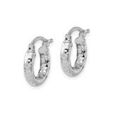 Sterling Silver Hoop Earrings with Diamond Cut Texture, Rhodium Plated Latch Back Design