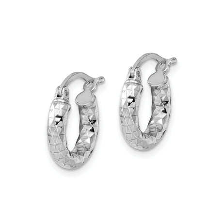 Sterling Silver Hoop Earrings with Diamond Cut Texture, Rhodium Plated Latch Back Design