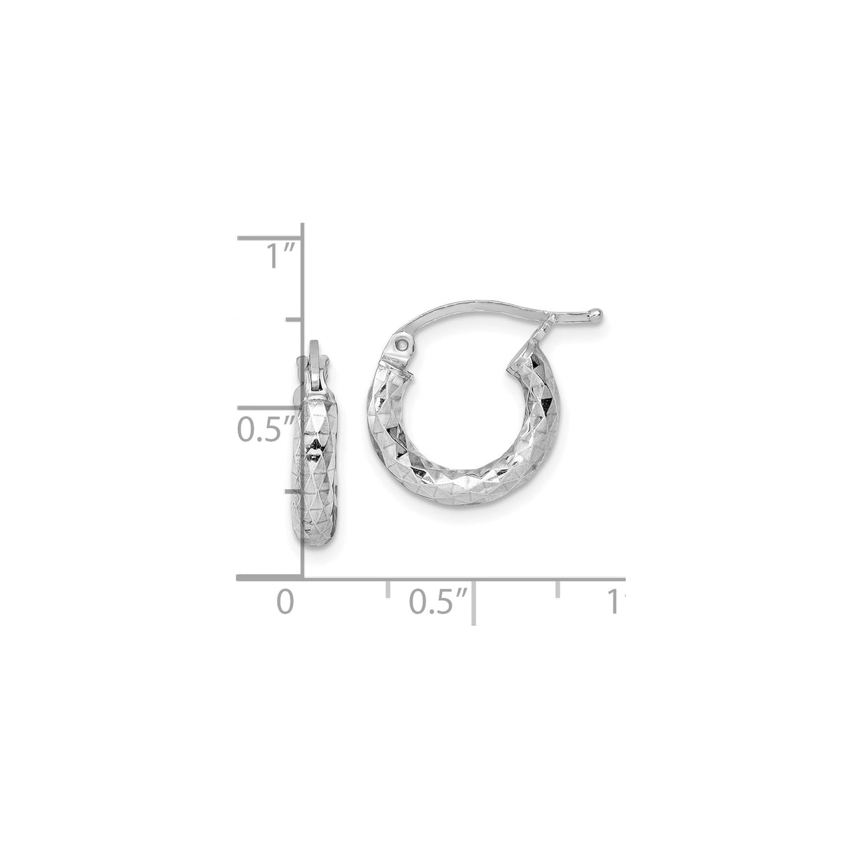Sterling Silver Hoop Earrings with Diamond Cut Texture, Rhodium Plated Latch Back Design