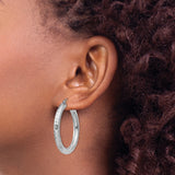 Sterling Silver Hoop Earrings, Diamond-Cut Textured Round Hoops with Hinged Closure