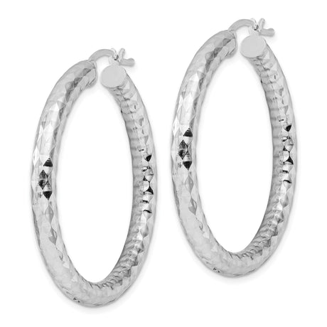 Sterling Silver Hoop Earrings, Diamond Cut Textured Rhodium Plated Lightweight Design
