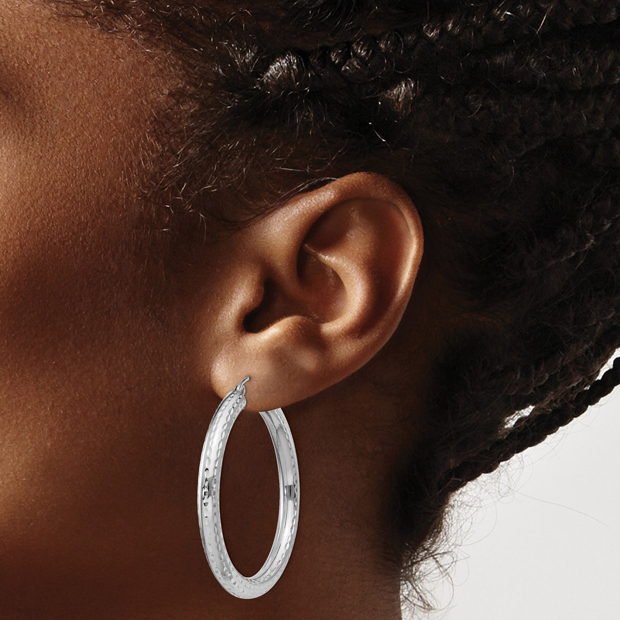 Sterling Silver Hoop Earrings, Diamond Cut Textured Rhodium Plated Lightweight Design