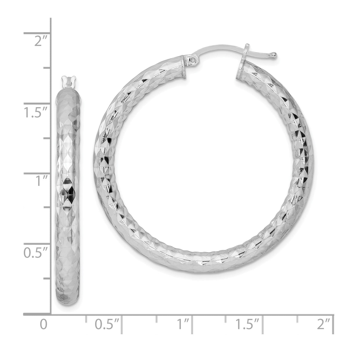 Sterling Silver Hoop Earrings, Diamond Cut Textured Rhodium Plated Lightweight Design