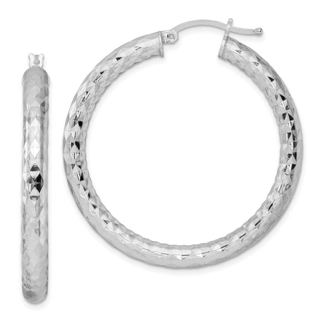 Sterling Silver Hoop Earrings, Diamond Cut Textured Rhodium Plated Lightweight Design