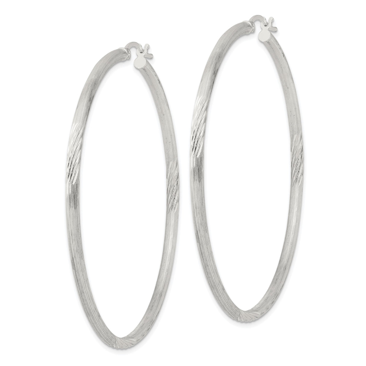 Sterling Silver Hoop Earrings with Brushed and Diamond-Cut Finish, Medium Round Lightweight Style