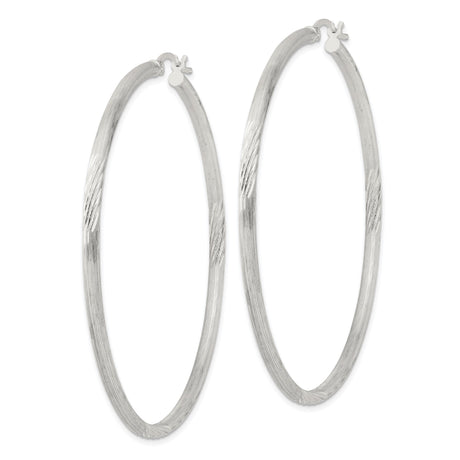 Sterling Silver Hoop Earrings with Brushed and Diamond-Cut Finish, Medium Round Lightweight Style