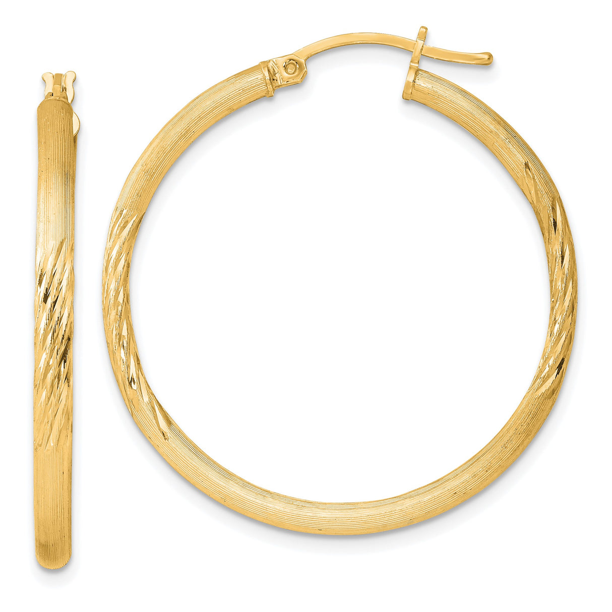 Sterling Silver Hoop Earrings with Gold Plating, Textured Diamond Cut Design, Polished Finish