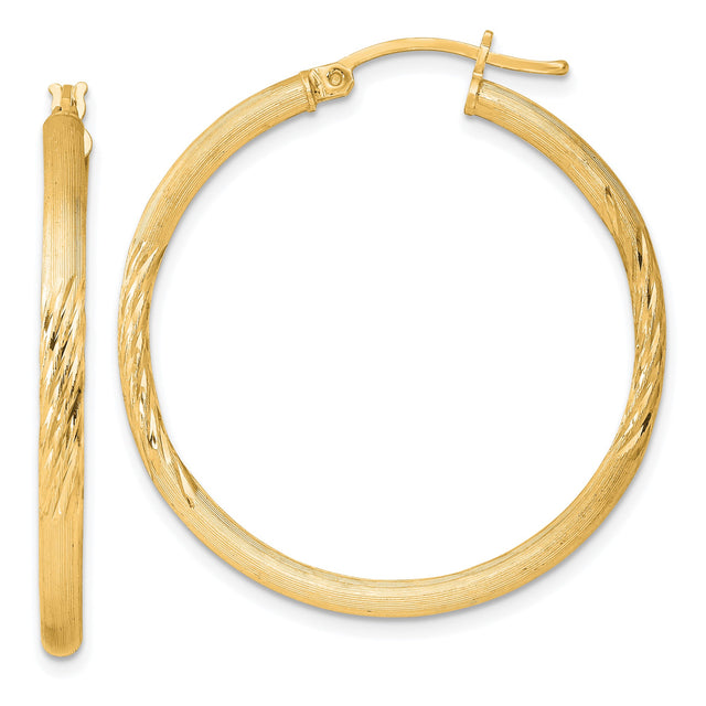 Sterling Silver Hoop Earrings with Gold Plating, Textured Diamond Cut Design, Polished Finish