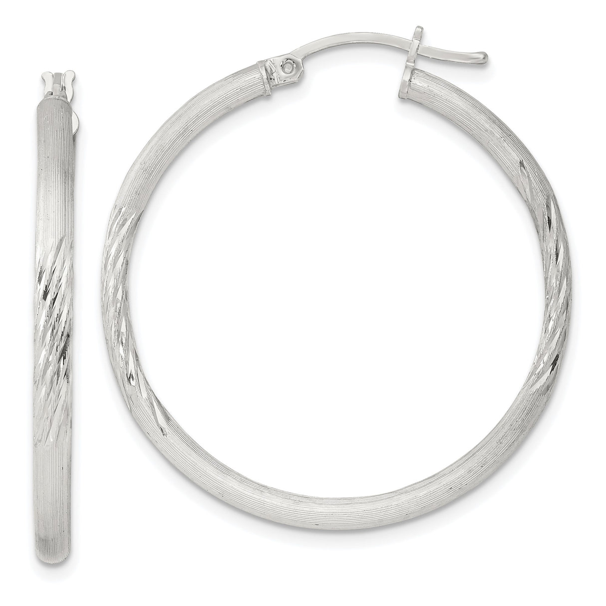 Sterling Silver Hoop Earrings, Textured Diamond-Cut with Polished Satin Finish, Lightweight Classic Style