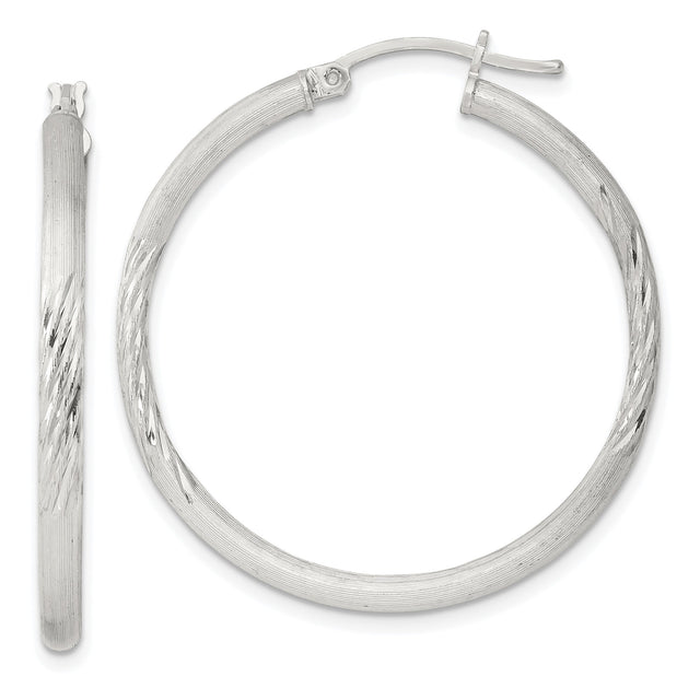 Sterling Silver Hoop Earrings, Textured Diamond-Cut with Polished Satin Finish, Lightweight Classic Style