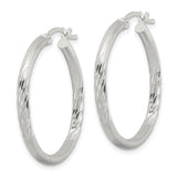 Sterling Silver Hoop Earrings with Polished and Brushed Diamond Cut Finish, Hinged Closure