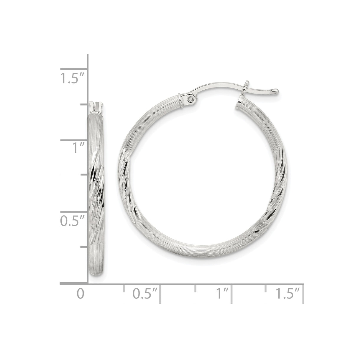 Sterling Silver Hoop Earrings with Polished and Brushed Diamond Cut Finish, Hinged Closure