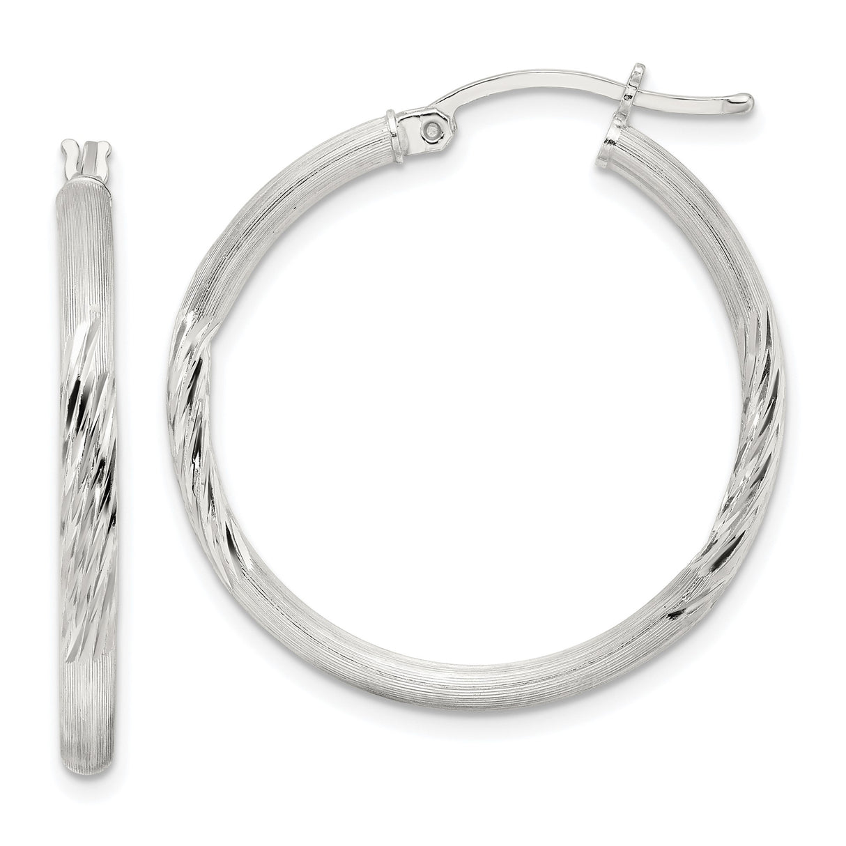 Sterling Silver Hoop Earrings with Polished and Brushed Diamond Cut Finish, Hinged Closure