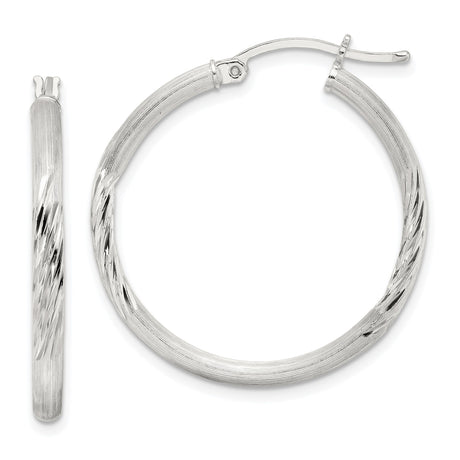 Sterling Silver Hoop Earrings with Polished and Brushed Diamond Cut Finish, Hinged Closure