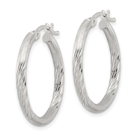 Sterling Silver Hoop Earrings, Twisted Diamond Cut Textured Design with Satin Finish