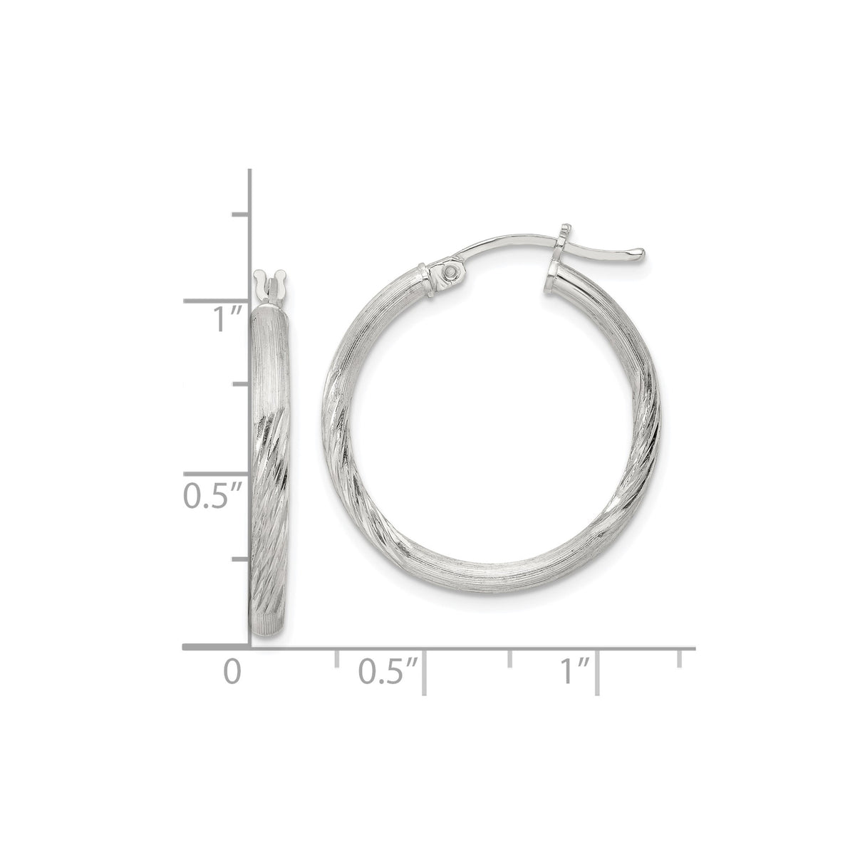 Sterling Silver Hoop Earrings, Twisted Diamond Cut Textured Design with Satin Finish