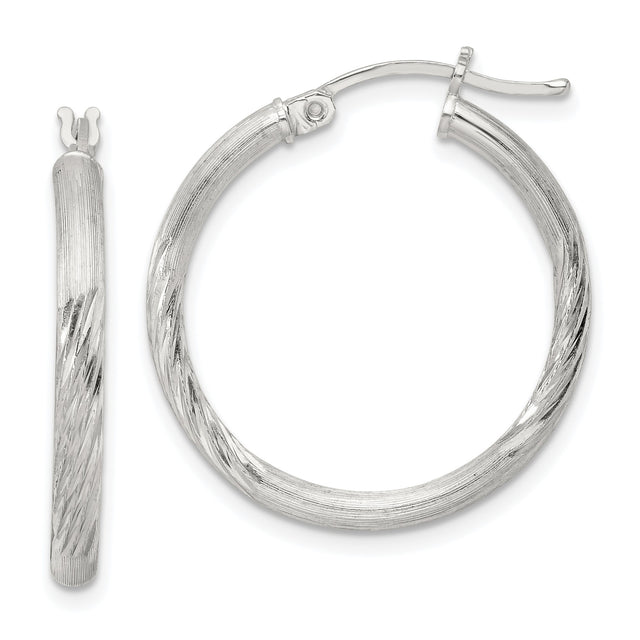 Sterling Silver Hoop Earrings, Twisted Diamond Cut Textured Design with Satin Finish
