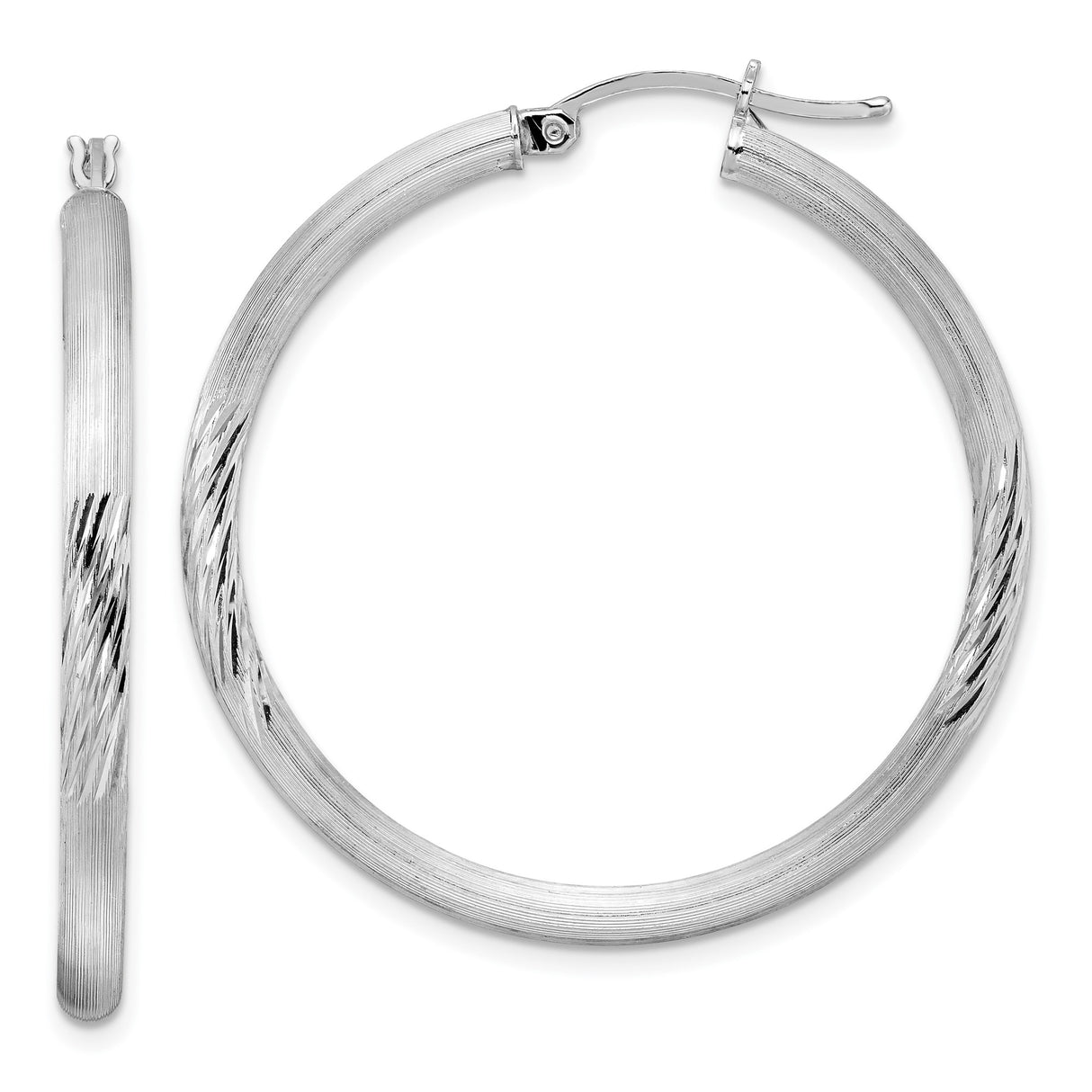 Sterling Silver Hoop Earrings, Textured Brushed and Diamond-Cut Finish, Hinged Closure