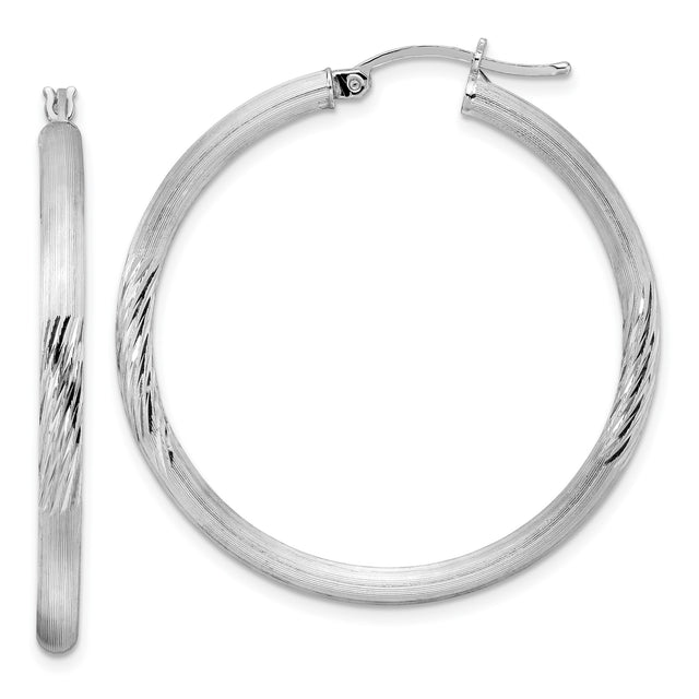 Sterling Silver Hoop Earrings, Textured Brushed and Diamond-Cut Finish, Hinged Closure