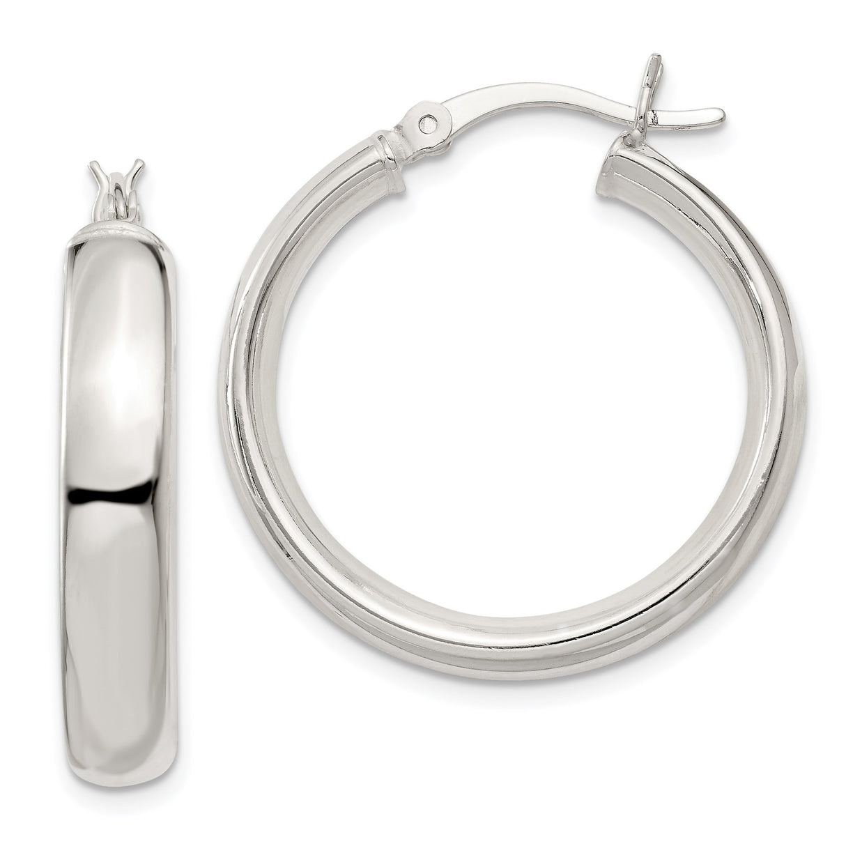Sterling Silver Hoop Earrings, Medium Round Polished Hoops with Latch Back, Minimalist Classic Design