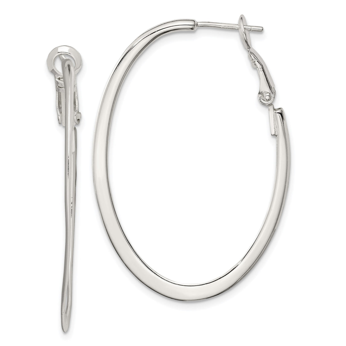 Sterling Silver Oval Hoop Earrings, Polished Medium Hoops with Hinged Snap Backs