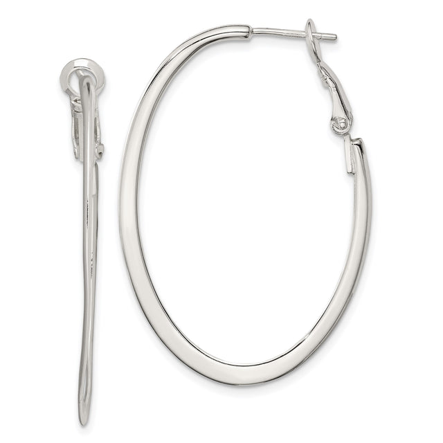 Sterling Silver Oval Hoop Earrings, Polished Medium Hoops with Hinged Snap Backs