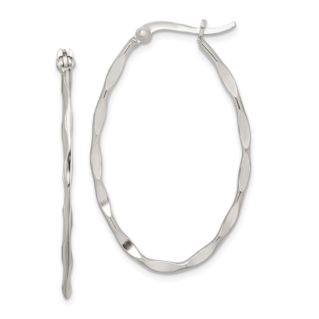 Sterling Silver Twisted Oval Hoop Earrings with Wavy Textured Design for Women