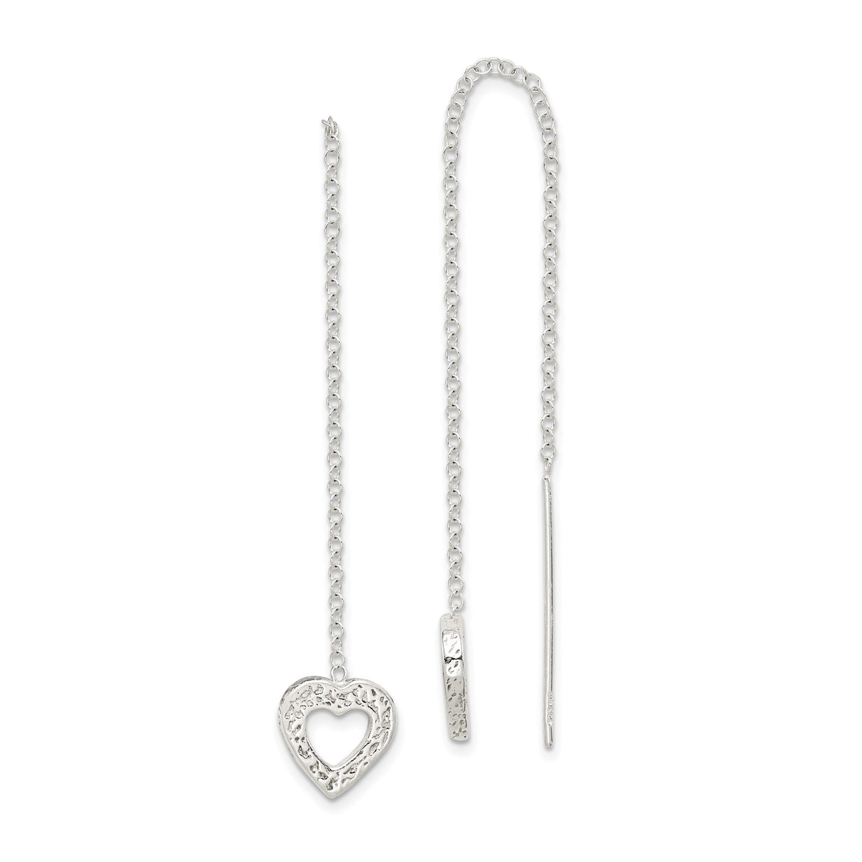 Sterling Silver Threader Earrings with Textured Open Heart Charm, Minimalist Romantic Design