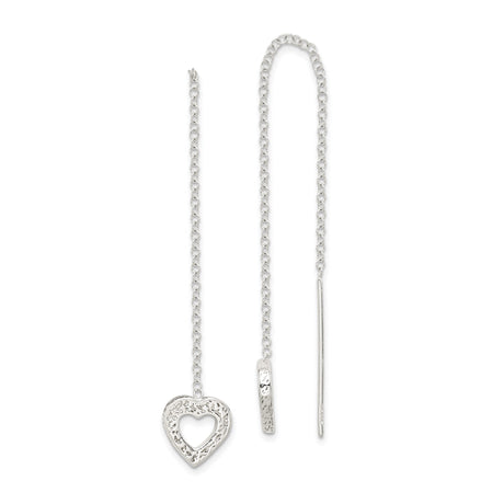 Sterling Silver Threader Earrings with Textured Open Heart Charm, Minimalist Romantic Design
