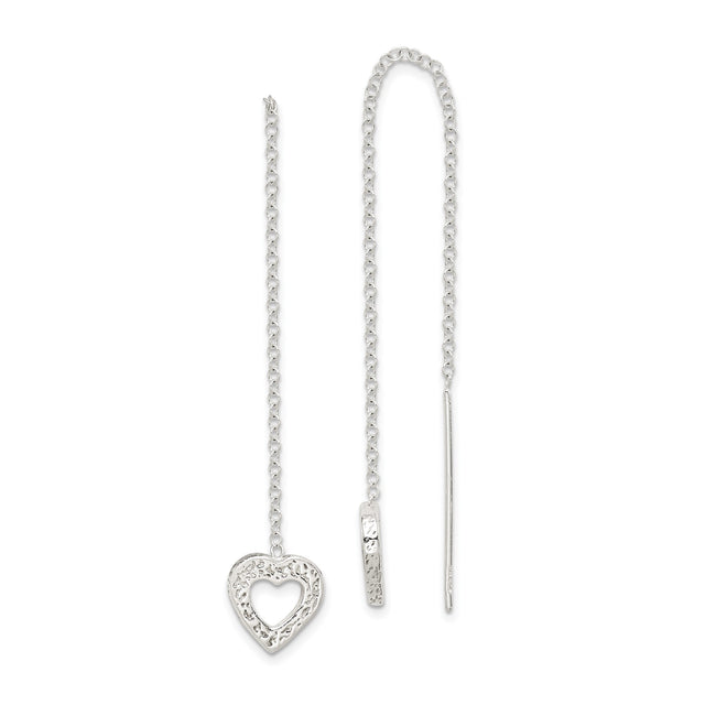 Sterling Silver Threader Earrings with Textured Open Heart Charm, Minimalist Romantic Design