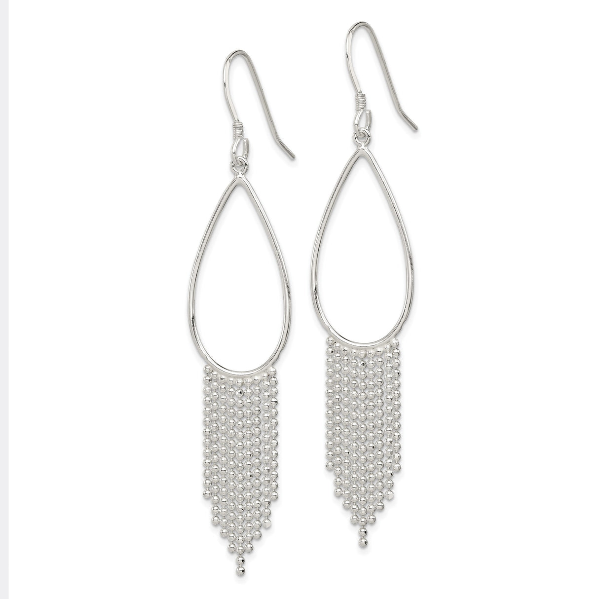 Sterling Silver Dangle Earrings with Teardrop Design and Beaded Chain Fringe