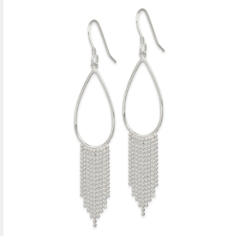 Sterling Silver Dangle Earrings with Teardrop Design and Beaded Chain Fringe