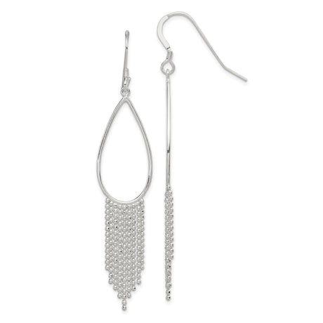 Sterling Silver Dangle Earrings with Teardrop Design and Beaded Chain Fringe