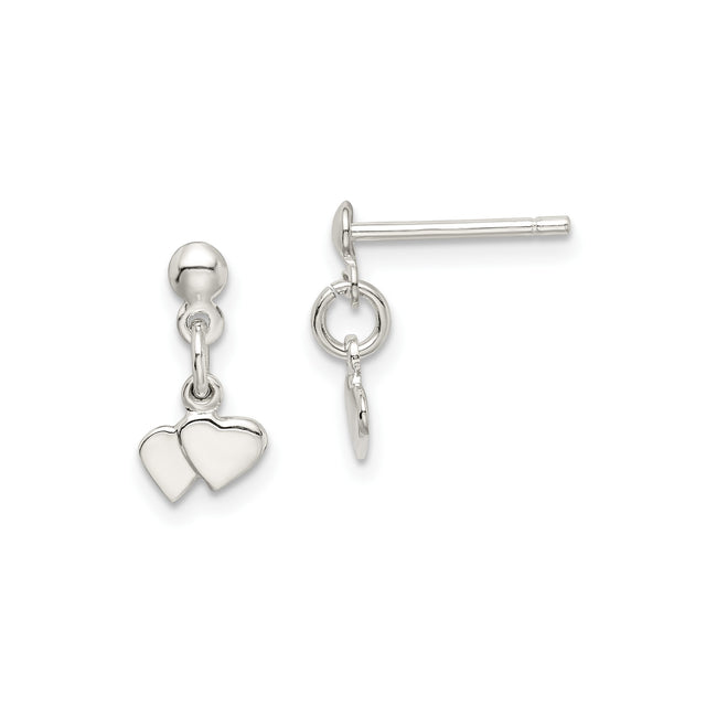 Sterling Silver Dangle Earrings with Double Heart Charms, Minimalist Romantic Style