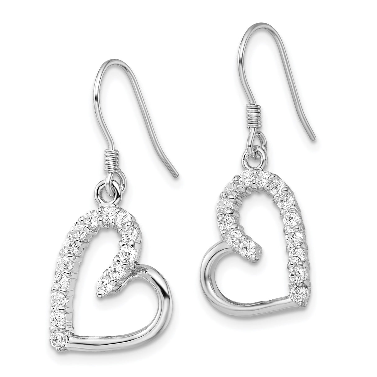 Sterling Silver Heart Drop Earrings with Cubic Zirconia Accents, Open Heart Dangle Design