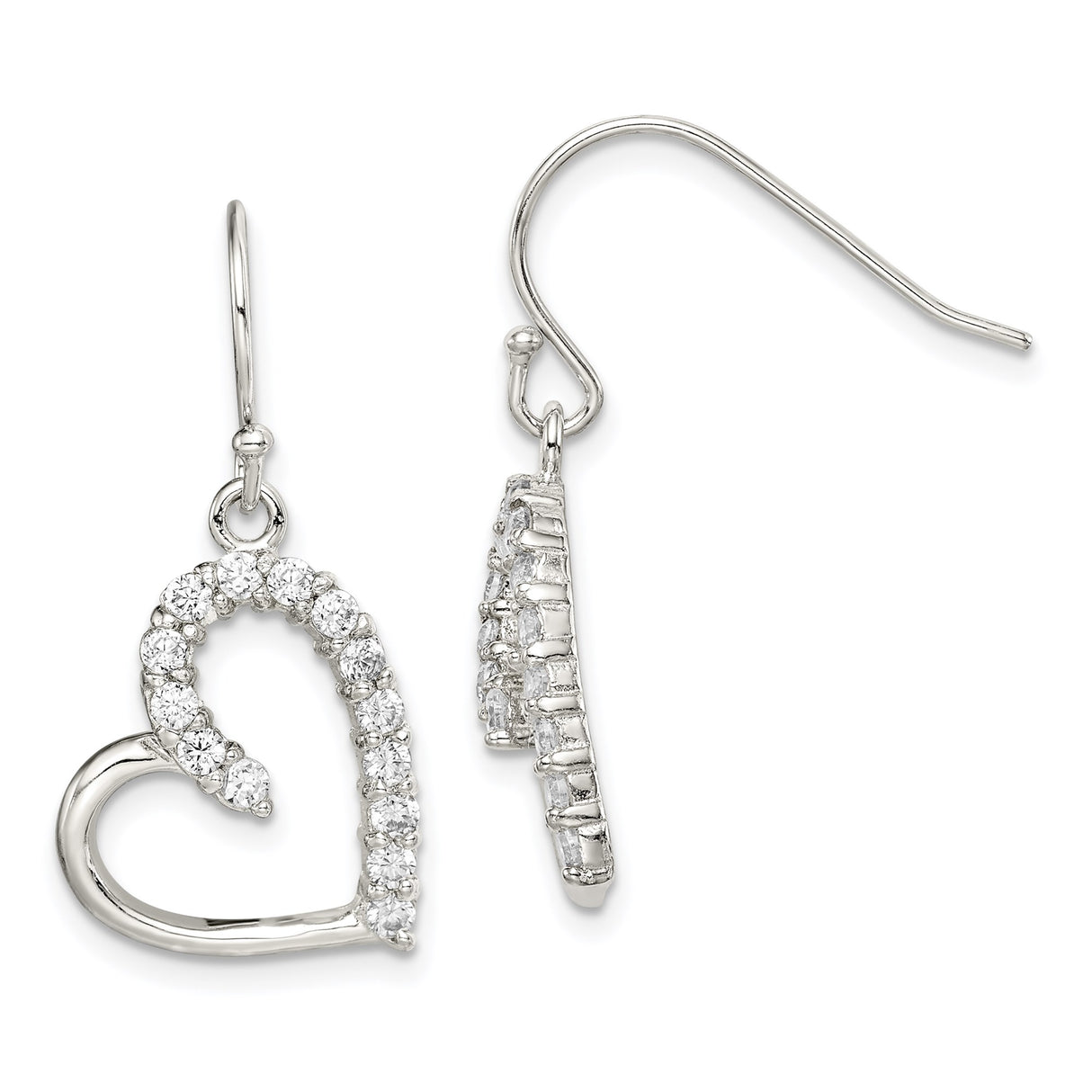 Sterling Silver Heart Drop Earrings with Cubic Zirconia Accents, Open Heart Dangle Design