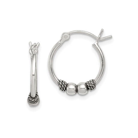 Sterling Silver Hoop Earrings with Twisted Rope Accents and Bead Detailing