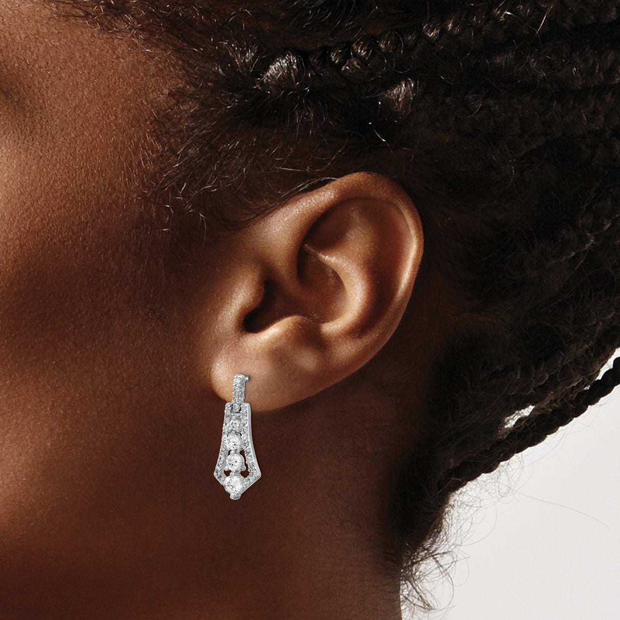 Sterling Silver Dangle Earrings Tapered Drop CZ Round Cut