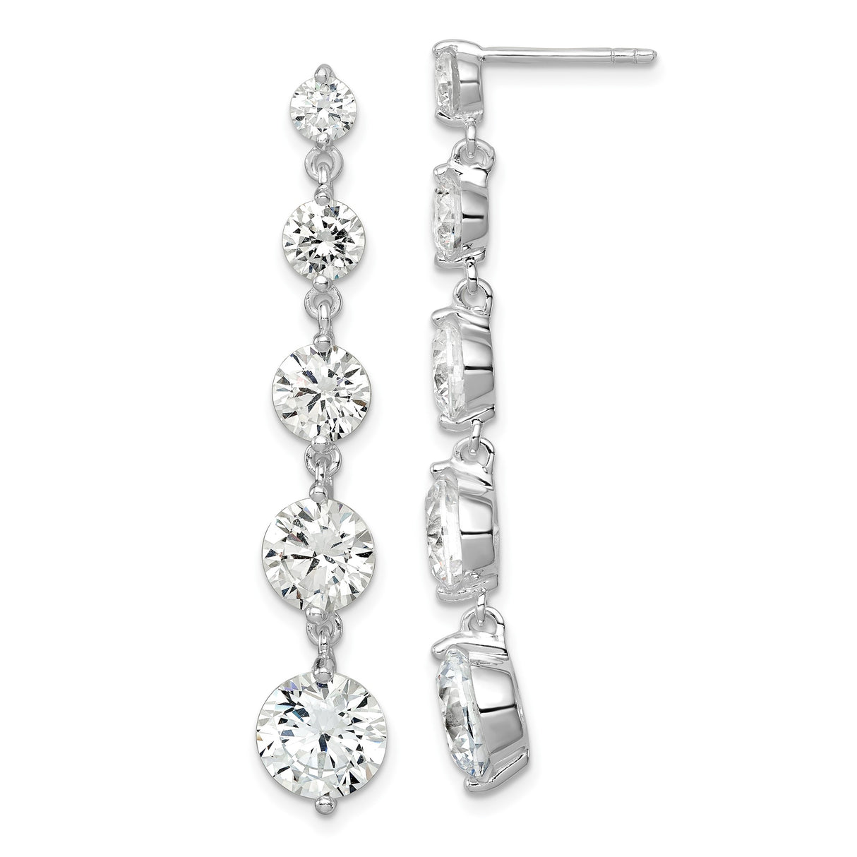 Sterling Silver Drop Linear Earrings for Women with Five Cubic Zirconia in Bezel Settings, Elegant Silver Dangles for Evening Wear, Formal Events, Weddings, Cocktail Parties, or Special Occasions
