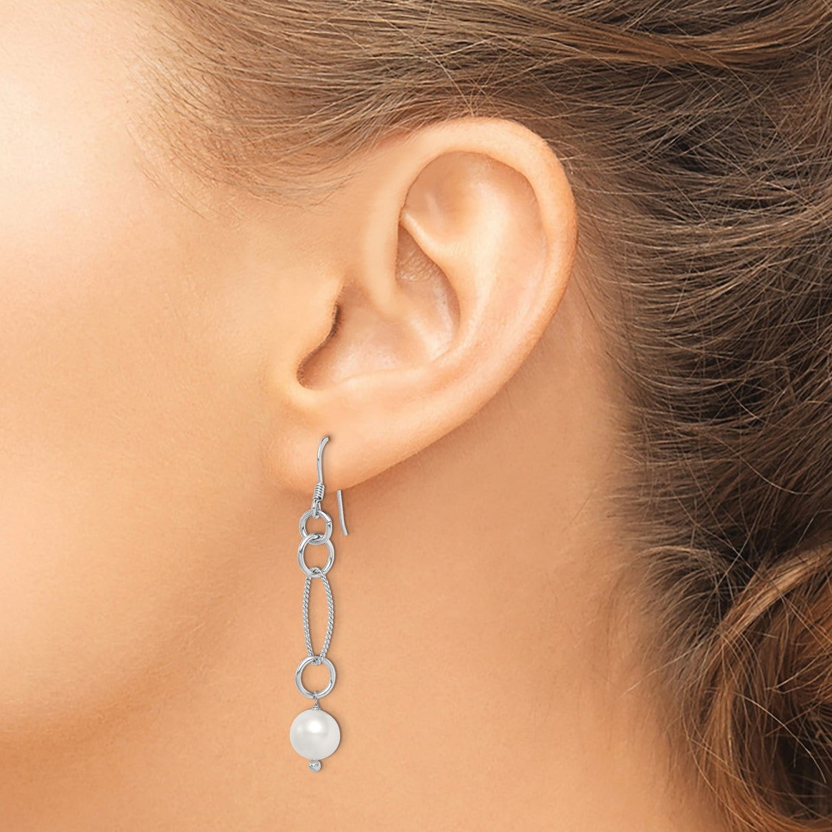 Sterling Silver Dangle Earrings with Cultured Freshwater Pearls, Twisted Rope Design