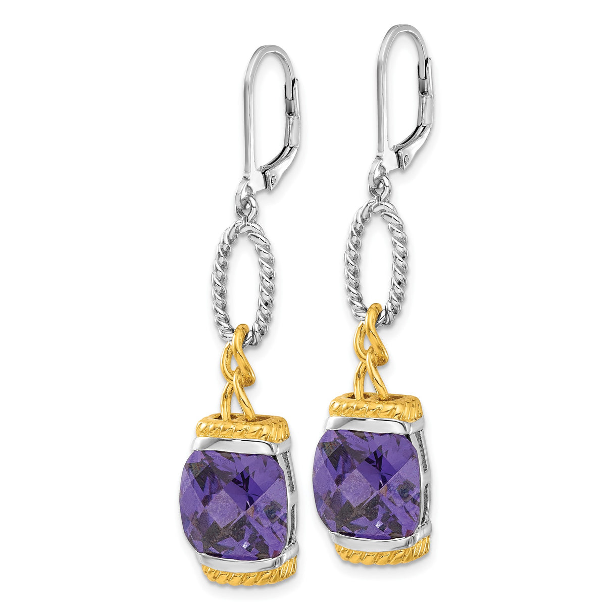 Sterling Silver Dangle Earrings with Cushion Cut Cubic Zirconia, Two-Tone Rope and Chain Design