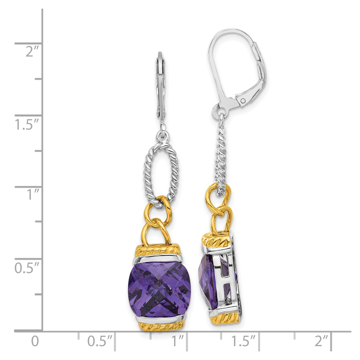Sterling Silver Dangle Earrings with Cushion Cut Cubic Zirconia, Two-Tone Rope and Chain Design