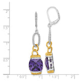 Sterling Silver Dangle Earrings with Cushion Cut Cubic Zirconia, Two-Tone Rope and Chain Design