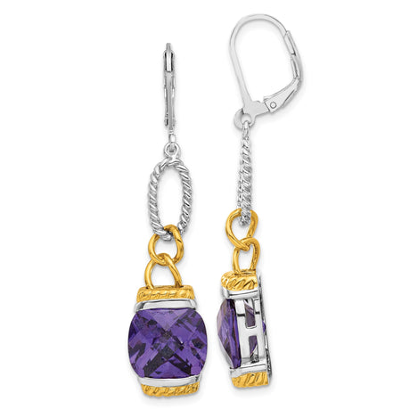 Sterling Silver Dangle Earrings with Cushion Cut Cubic Zirconia, Two-Tone Rope and Chain Design
