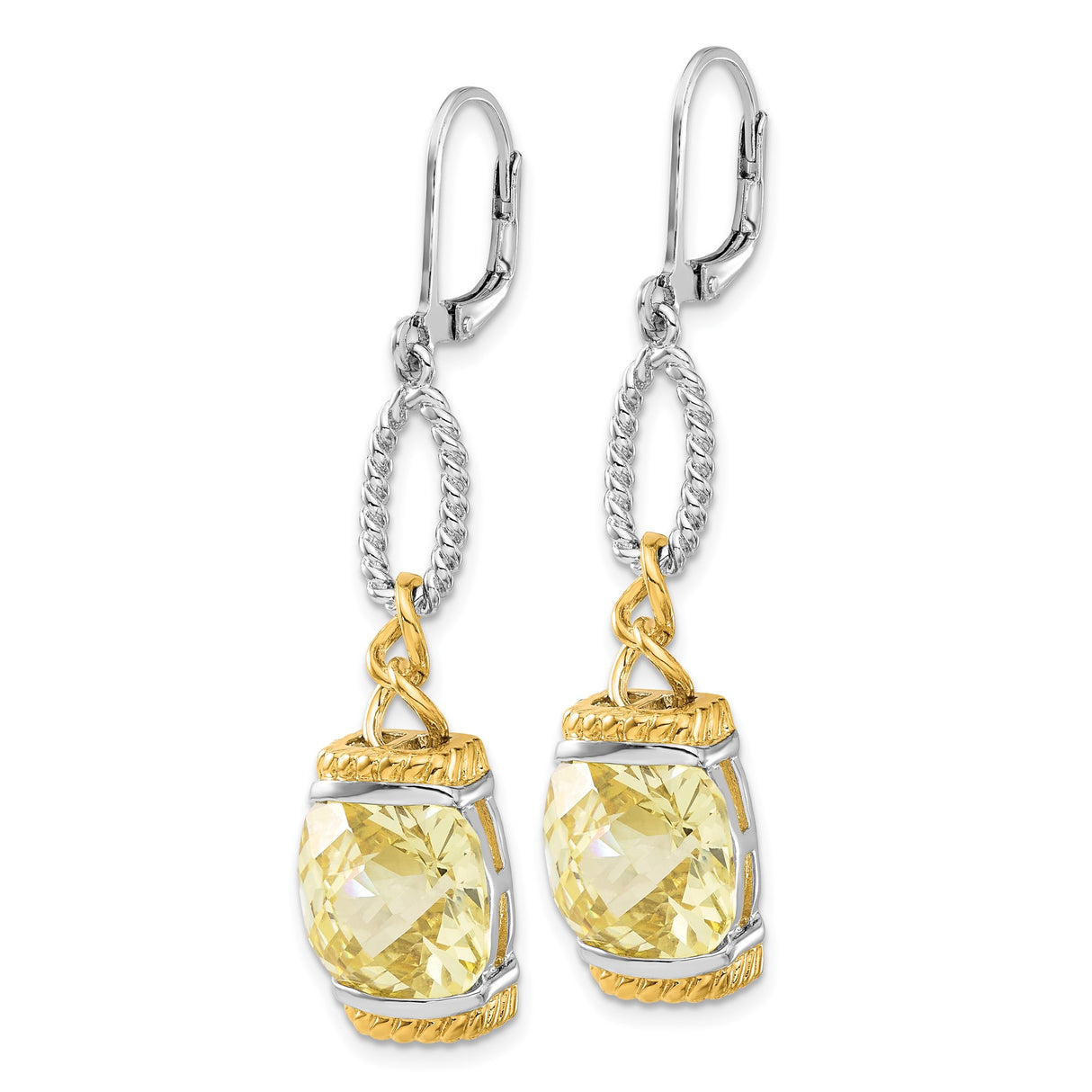 Sterling Silver Drop Earrings with Cubic Zirconia Cushion Cut Yellow Gemstones and Rope Accents