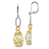 Sterling Silver Drop Earrings with Cubic Zirconia Cushion Cut Yellow Gemstones and Rope Accents