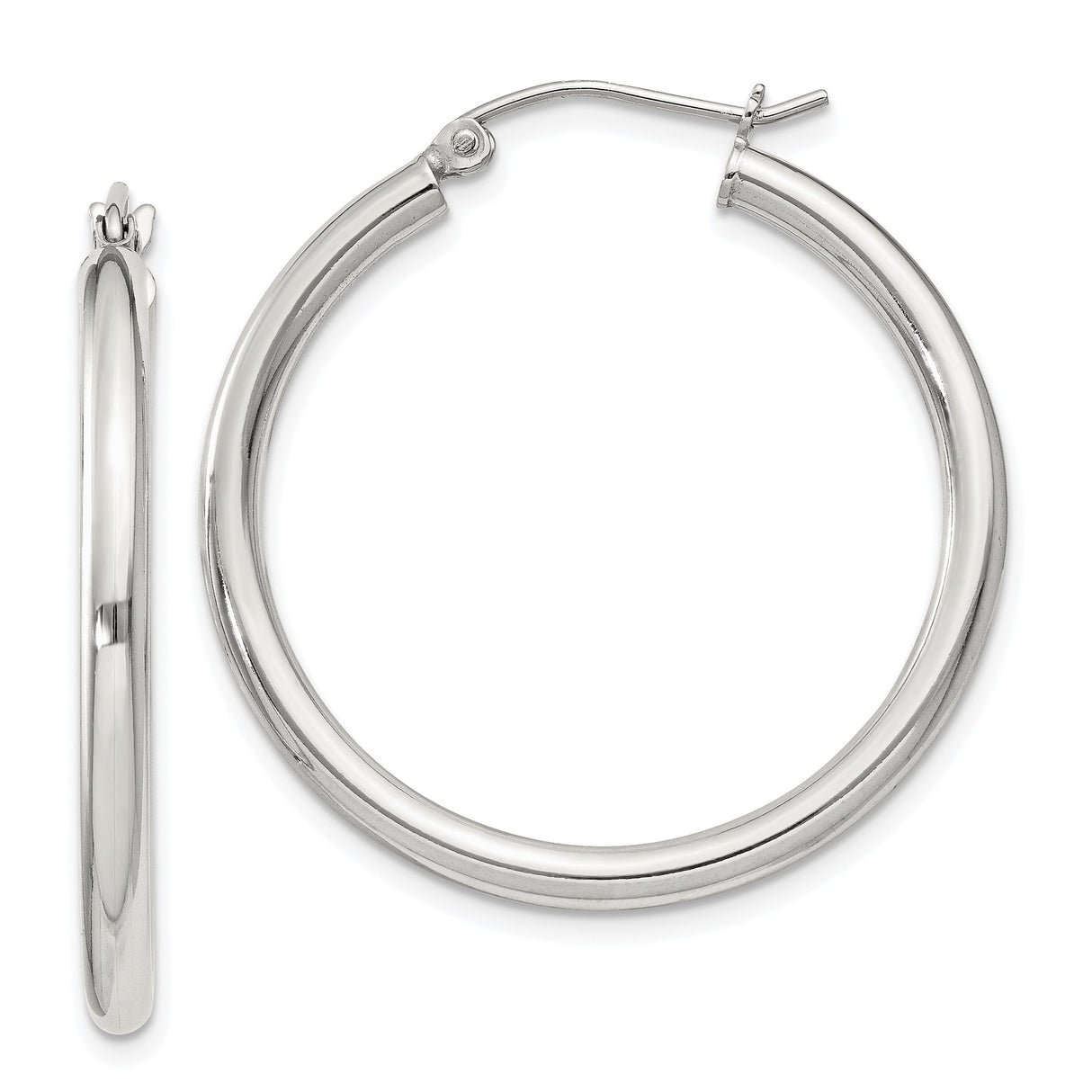 Sterling Silver Hoop Earrings, Smooth Polished Finish, Classic Round Design, Latch Back Closure