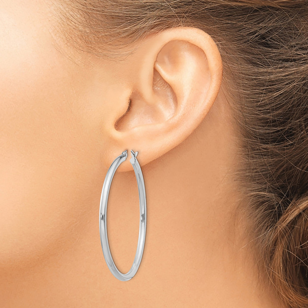 Sterling Silver Hoop Earrings, Large Polished Round Tube Design with Latch-Back Closure