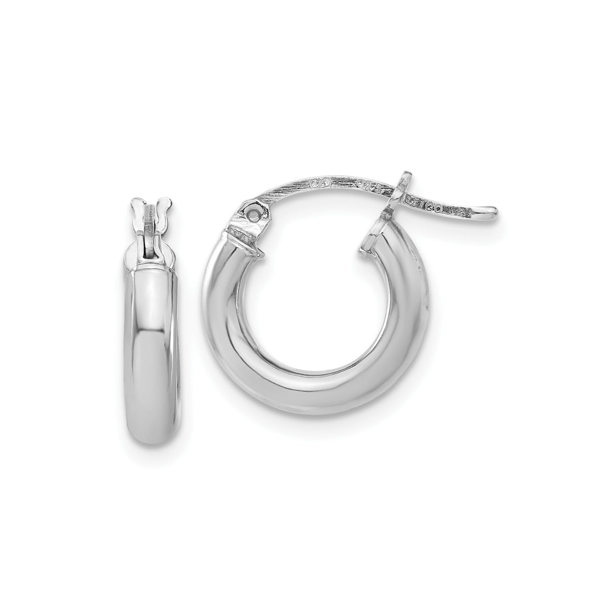 Sterling Silver Hoop Earrings, Rhodium Plated Rounded Tube Design, Lightweight and Minimalist Style